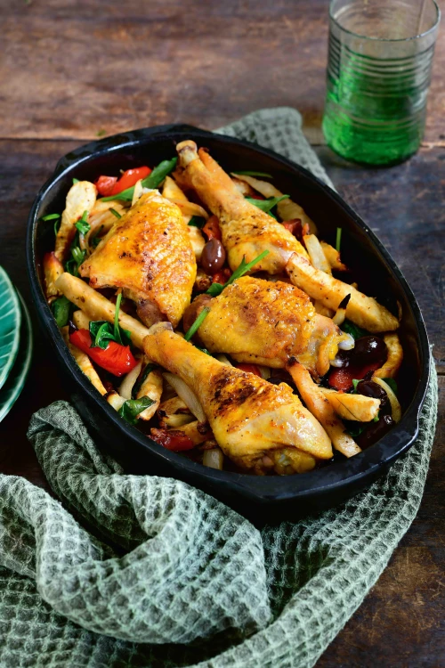 Geroosterde kip met gekaramelliseerde ui, knolselderij en olijf