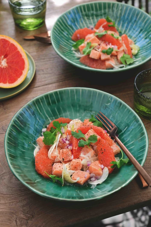 Ceviche van zalm met venkel en pompelmoes